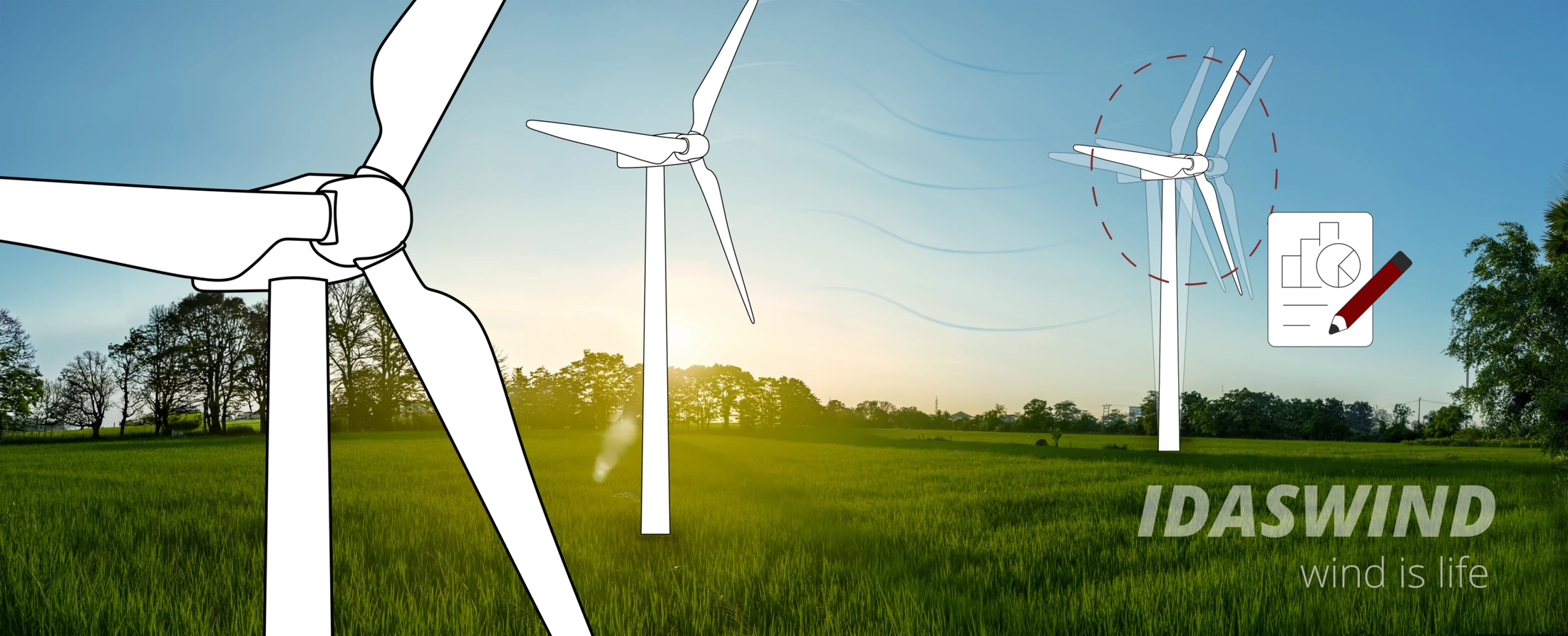 Aktuelles IDASWIND Hybridbild aus Windpark-Fotografie und technischer WEA-Illustration