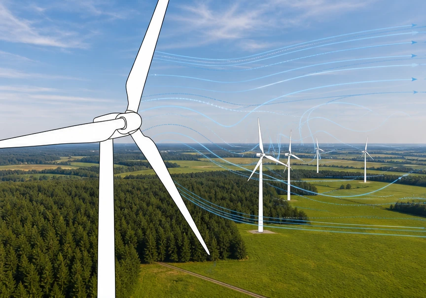 Current IDASWIND hybrid visual of a wind farm with illustrated airflow lines